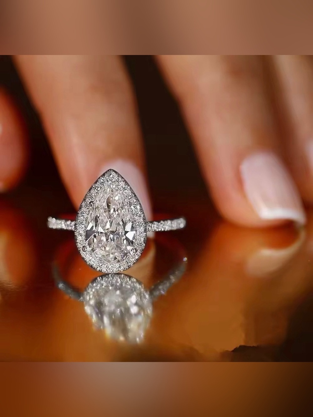 Italian Luxury Diamond Simulant Pear Halo Ring Elegant Engagement Style Sz 7 New - Picture 3 of 6